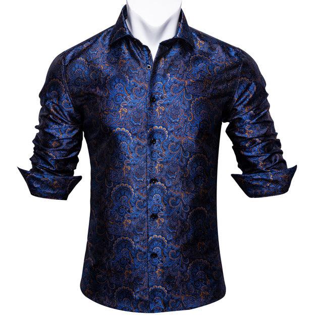 Barry.Wang Teal Paisley Floral Silk Shirts Men Autumn Long Sleeve Casual Flower Shirts For Men Designer Fit Dress Shirt BCY - 05 - Amazitshop