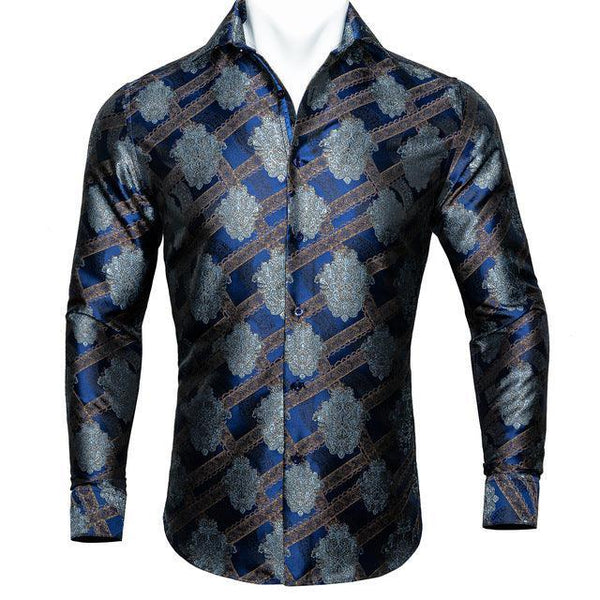 Barry.Wang Teal Paisley Floral Silk Shirts Men Autumn Long Sleeve Casual Flower Shirts For Men Designer Fit Dress Shirt BCY - 05 - Amazitshop