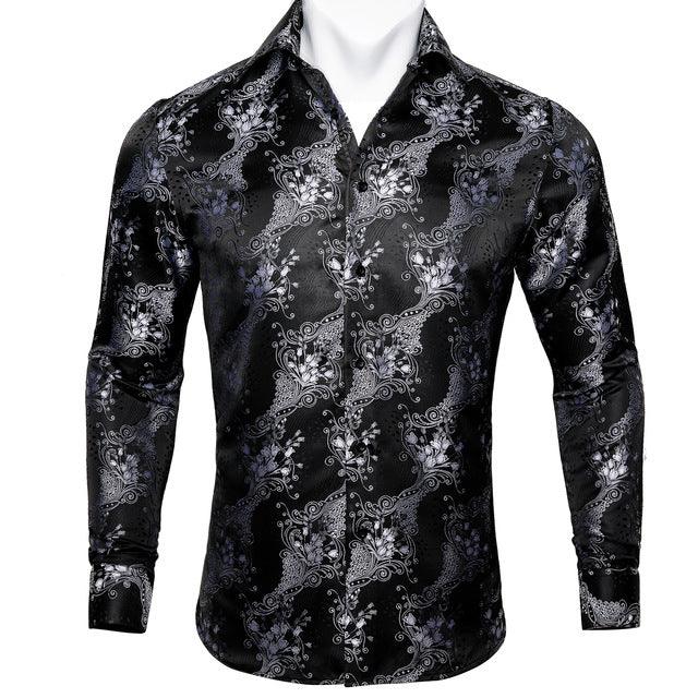 Barry.Wang Teal Paisley Floral Silk Shirts Men Autumn Long Sleeve Casual Flower Shirts For Men Designer Fit Dress Shirt BCY - 05 - Amazitshop