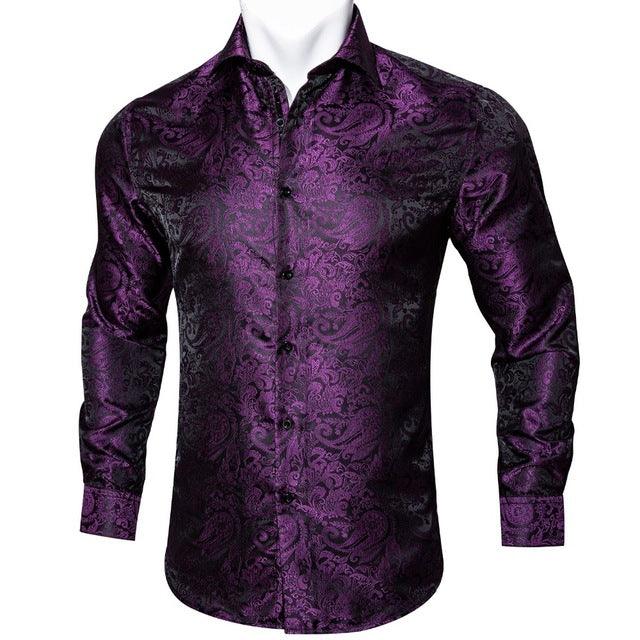 Barry.Wang Teal Paisley Floral Silk Shirts Men Autumn Long Sleeve Casual Flower Shirts For Men Designer Fit Dress Shirt BCY - 05 - Amazitshop