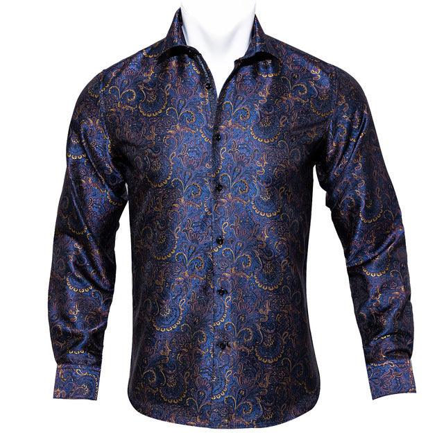 Barry.Wang Teal Paisley Floral Silk Shirts Men Autumn Long Sleeve Casual Flower Shirts For Men Designer Fit Dress Shirt BCY - 05 - Amazitshop