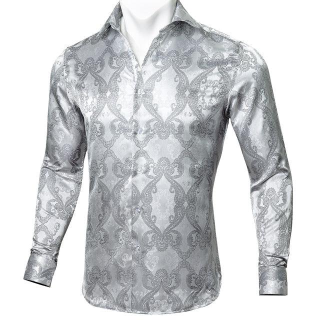 Barry.Wang Teal Paisley Floral Silk Shirts Men Autumn Long Sleeve Casual Flower Shirts For Men Designer Fit Dress Shirt BCY - 05 - Amazitshop