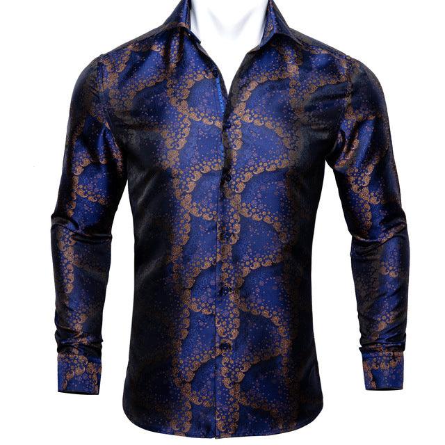 Barry.Wang Teal Paisley Floral Silk Shirts Men Autumn Long Sleeve Casual Flower Shirts For Men Designer Fit Dress Shirt BCY - 05 - Amazitshop