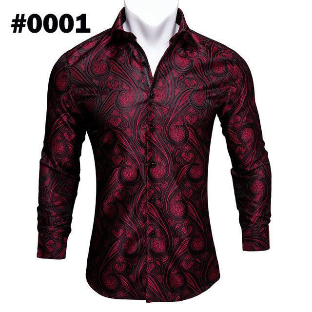 Barry.Wang Teal Paisley Floral Silk Shirts Men Autumn Long Sleeve Casual Flower Shirts For Men Designer Fit Dress Shirt BCY - 05 - Amazitshop