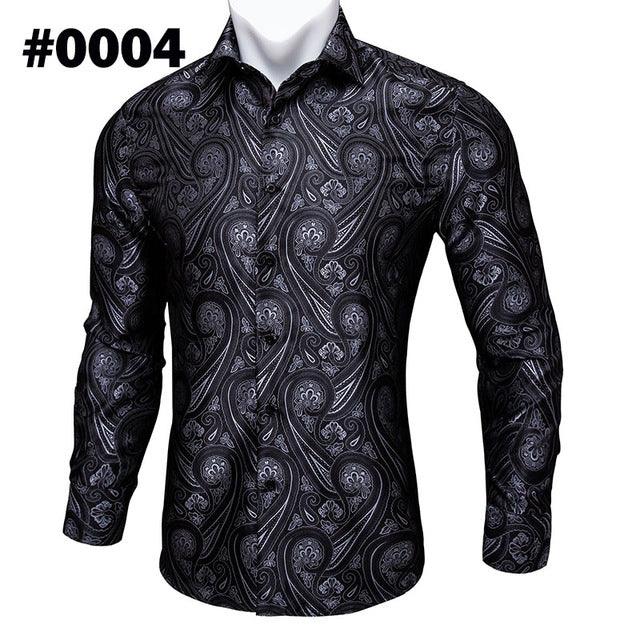 Barry.Wang Teal Paisley Floral Silk Shirts Men Autumn Long Sleeve Casual Flower Shirts For Men Designer Fit Dress Shirt BCY - 05 - Amazitshop