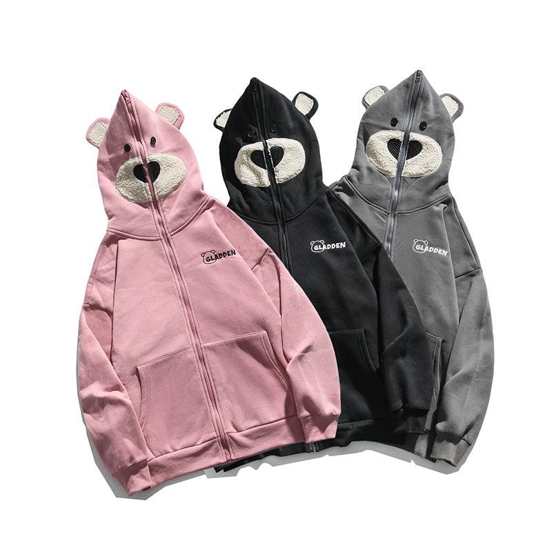 Bear embroidered couple zipper cardigan jacket - Amazitshop