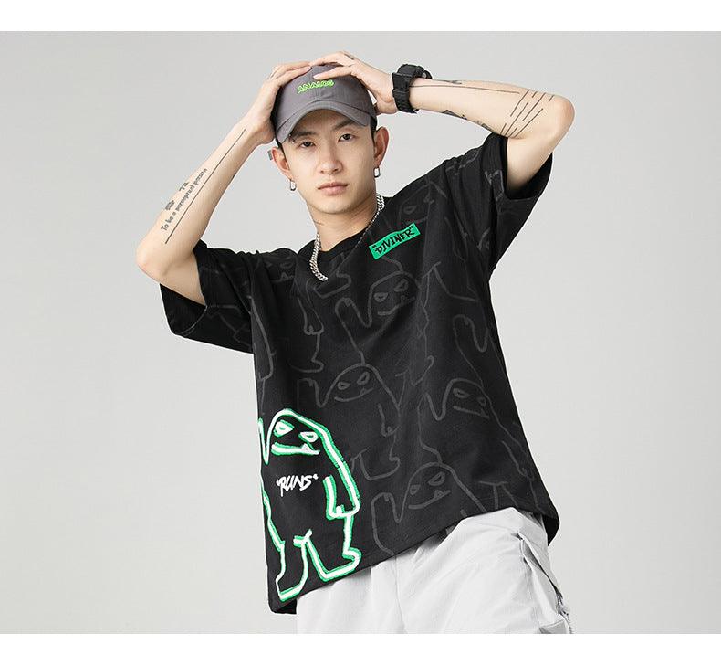 Bear Print Short - Sleeved Men And Women Couple Loose Graphic High Street Hip - Hop Glow - In - The - Dark Tees Shirts Fashion Top - Amazitshop