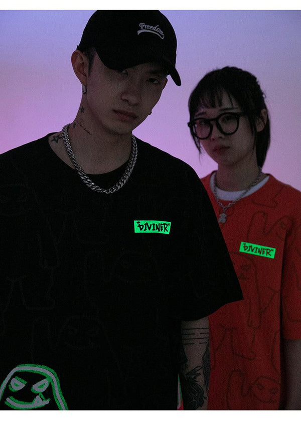Bear Print Short - Sleeved Men And Women Couple Loose Graphic High Street Hip - Hop Glow - In - The - Dark Tees Shirts Fashion Top - Amazitshop