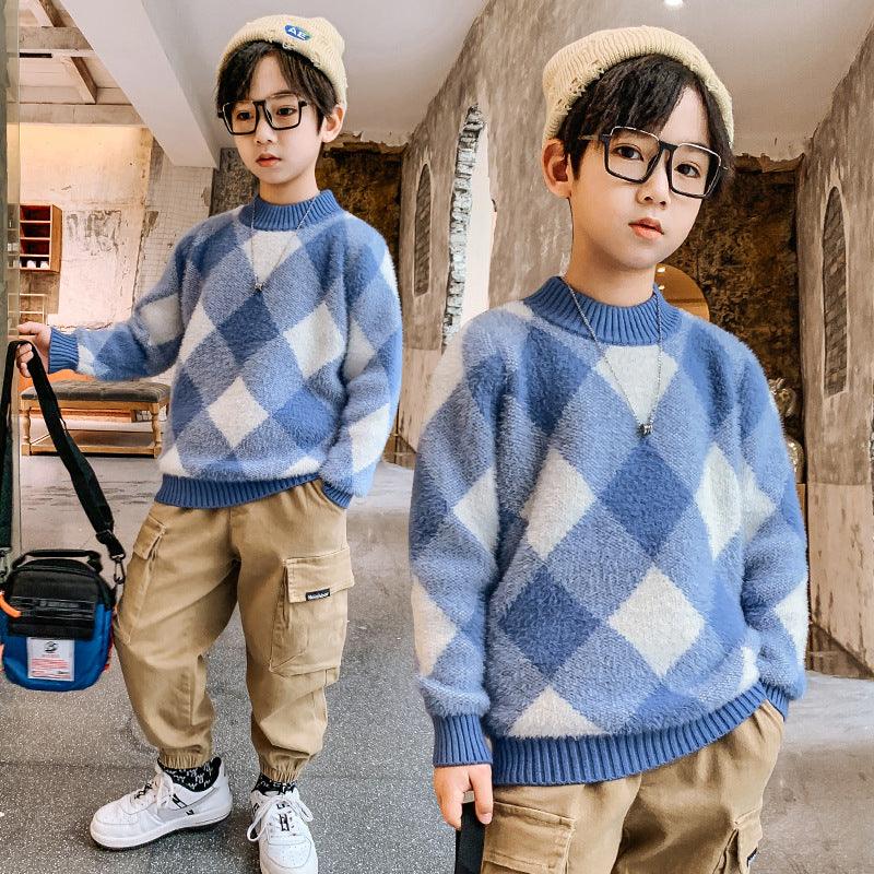 Big Kids Children's Plaid All - match Children's Sweater - Amazitshop
