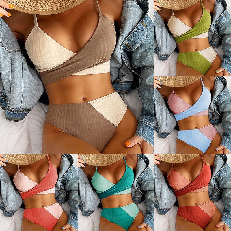 Bikini Patchwork Swimwear Ribbed Women's Swimsuit Knot Back Beachwear Ruched Butt Biquinis Bathing Suits - Amazitshop