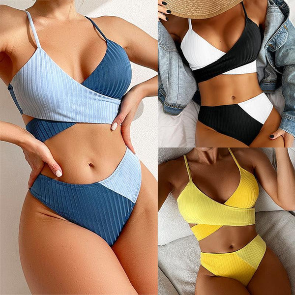 Bikini Patchwork Swimwear Ribbed Women's Swimsuit Knot Back Beachwear Ruched Butt Biquinis Bathing Suits - Amazitshop