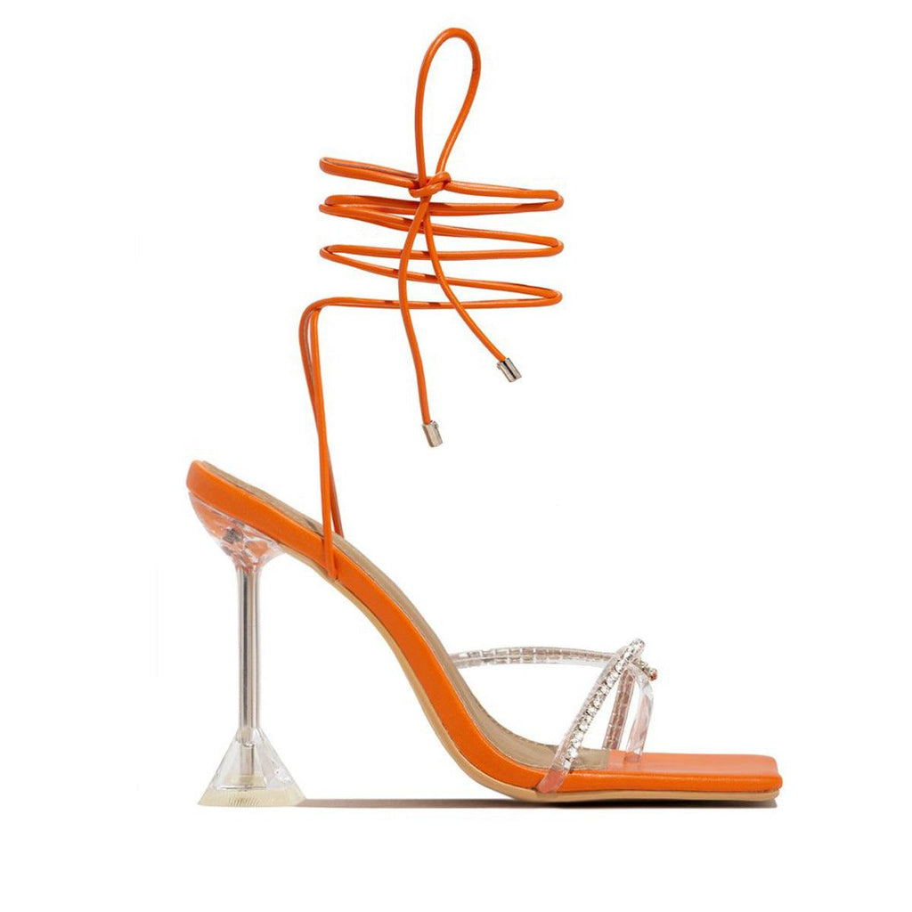 Black And White Orange Rhinestone Transparent High Heel Sandals - Amazitshop