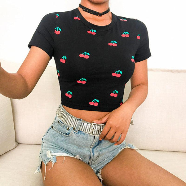 Black Cherry Summary Crop Top Tee Kawaii Shirt Women - Amazitshop