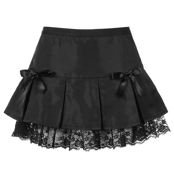 Black Goth Aesthetic Pleated Skirts Women Lace Trim Dance - Amazitshop