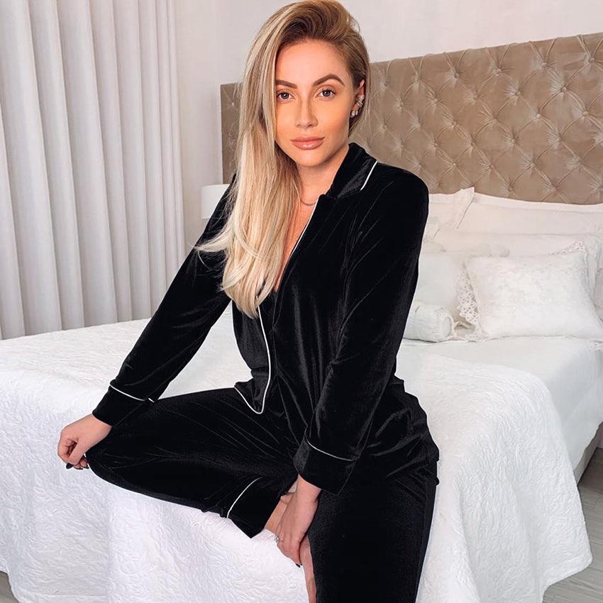 Black Velvet Sleepwear Female Long Sleeve Turn Down - Amazitshop