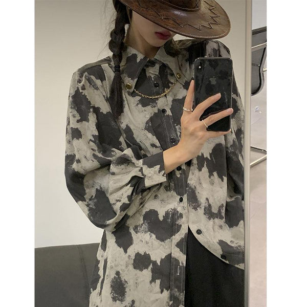 Blouse Long Sleeve Black Gray Color Block Leopard Shirt Button Up Chain Top Single - Breasted Womens Blouses Loose - Amazitshop