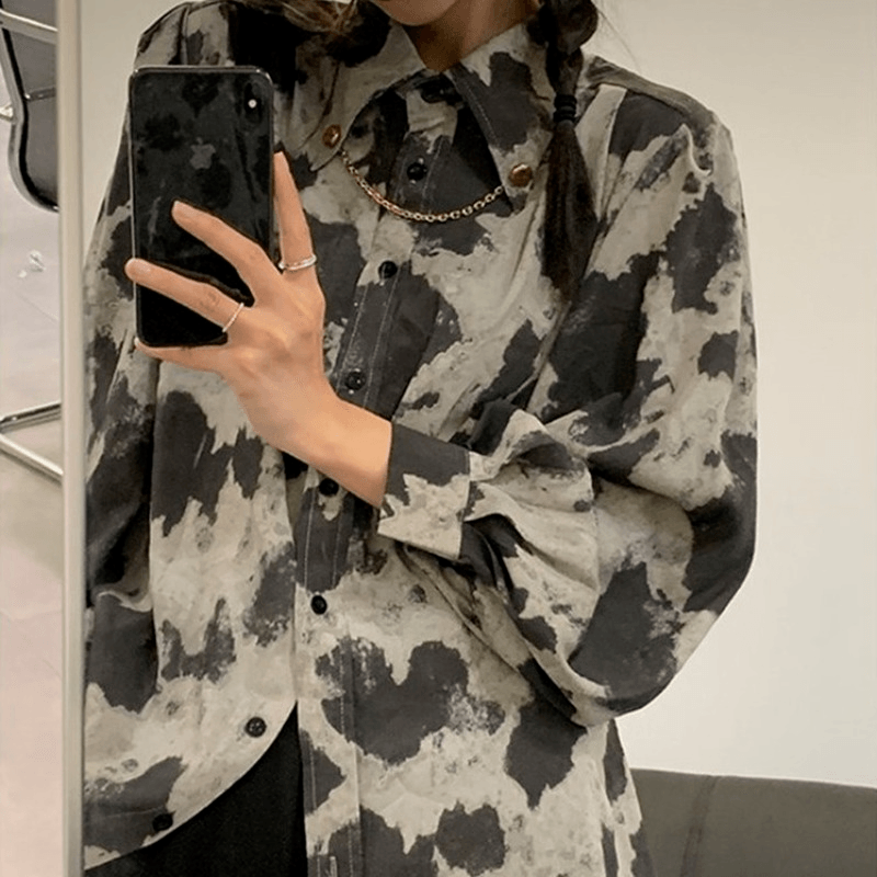 Blouse Long Sleeve Black Gray Color Block Leopard Shirt Button Up Chain Top Single - Breasted Womens Blouses Loose - Amazitshop