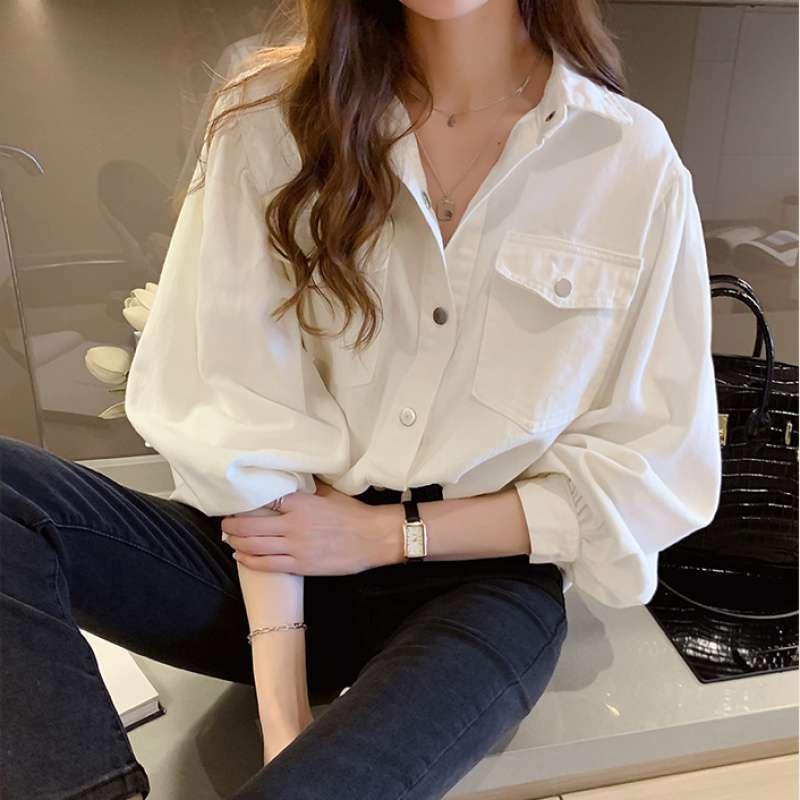 Blouses Shirts Women Spring Pockets Long Sleeve Fashion Solid Korean - Amazitshop