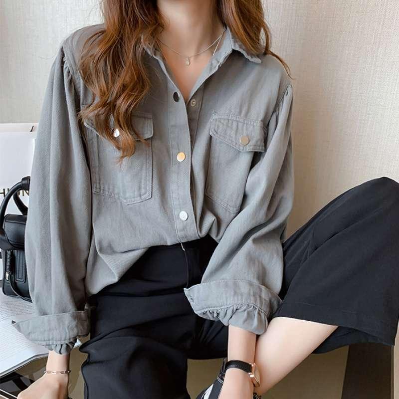 Blouses Shirts Women Spring Pockets Long Sleeve Fashion Solid Korean - Amazitshop