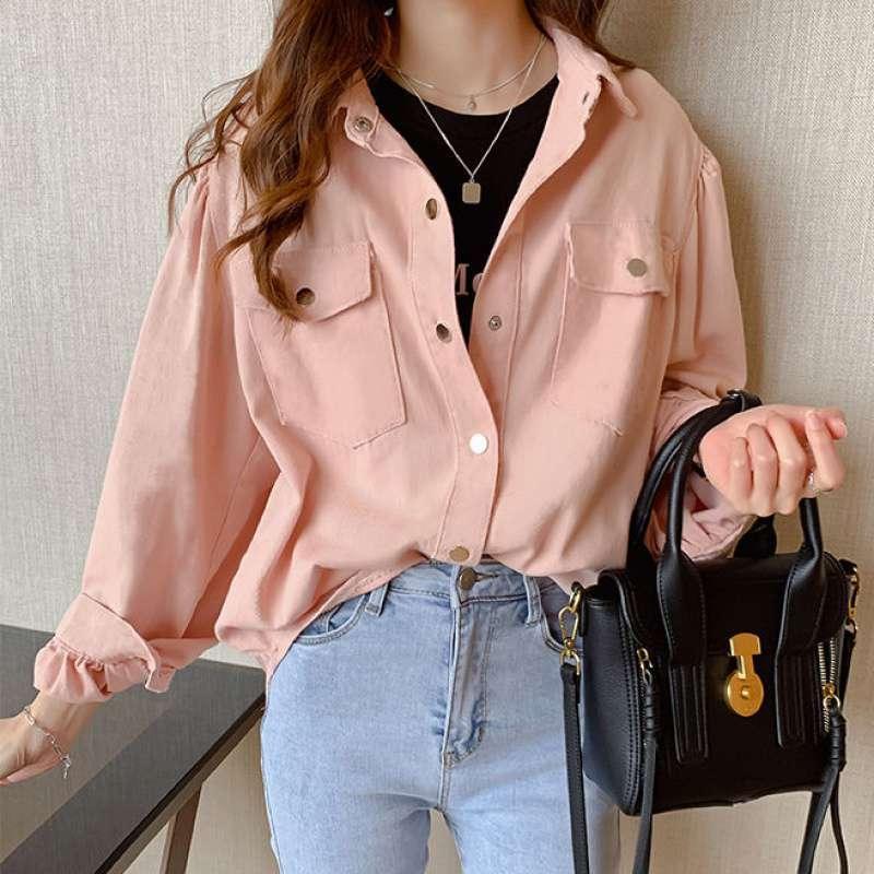 Blouses Shirts Women Spring Pockets Long Sleeve Fashion Solid Korean - Amazitshop