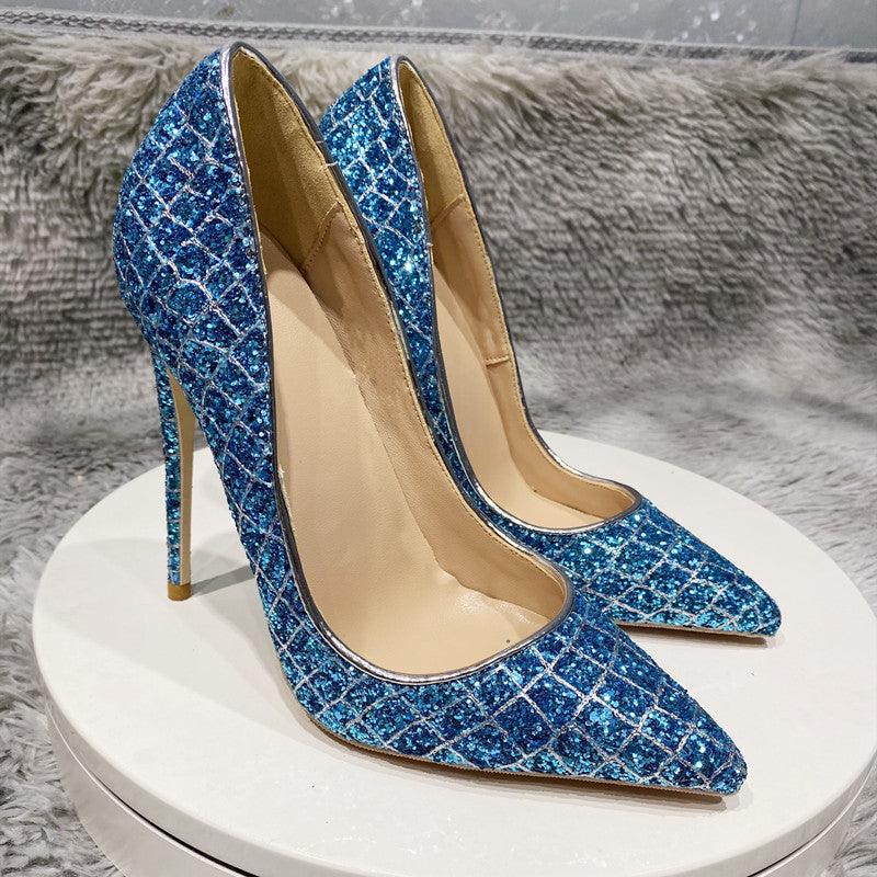 Blue Sequined High Heel Wedding Shoes Everyday - Amazitshop