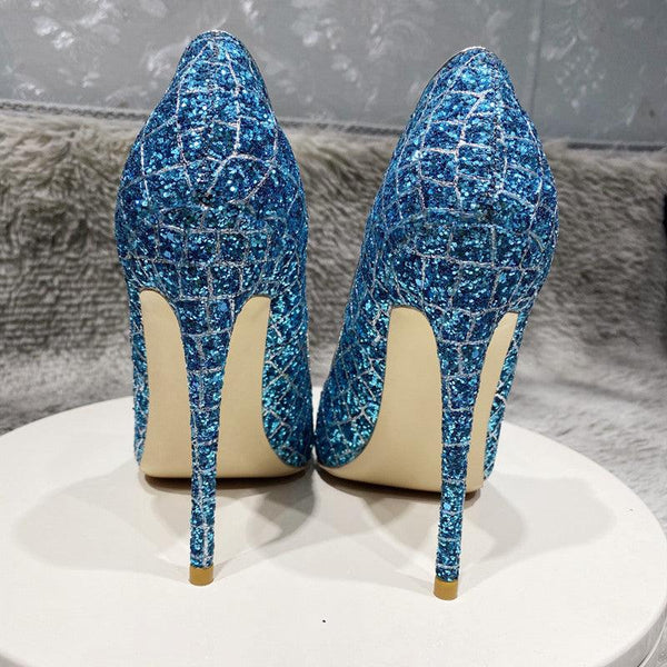Blue Sequined High Heel Wedding Shoes Everyday - Amazitshop