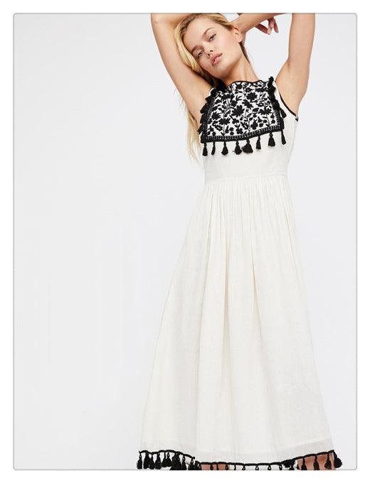 Bohemian Embroidered Floral Fringe Sleeveless Vest Dress - Amazitshop
