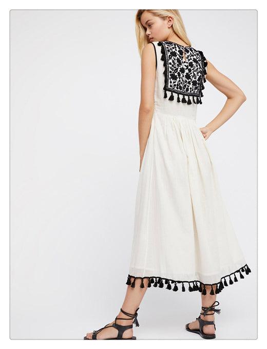 Bohemian Embroidered Floral Fringe Sleeveless Vest Dress - Amazitshop