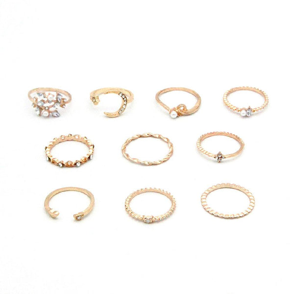 Bohemian Fashion Star Moon Love Pearl Leaf 10 - Piece Ring - Amazitshop