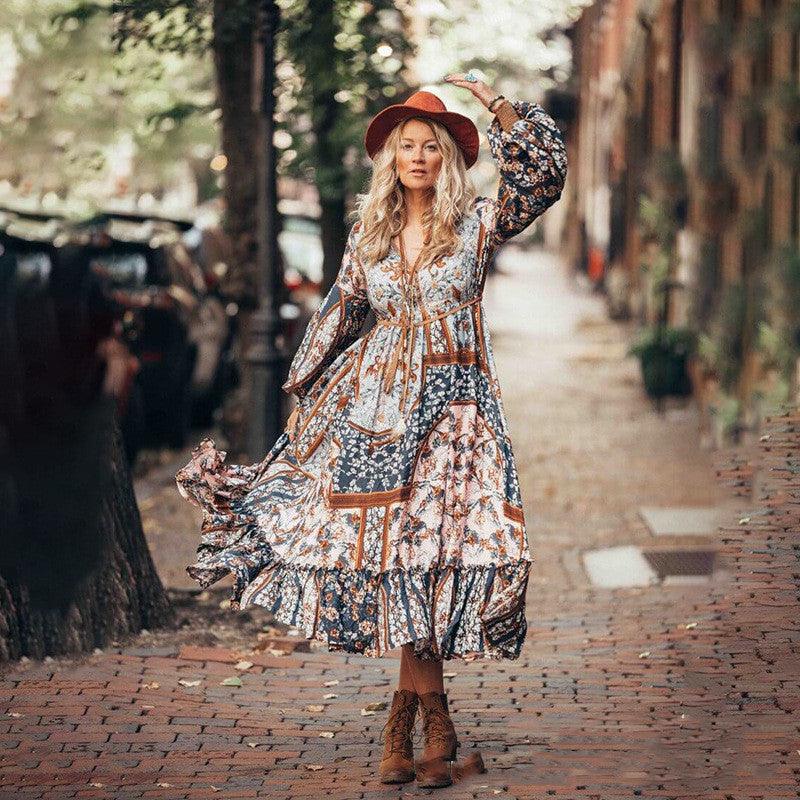 Bohemian Long Skirt Puff Sleeve Mid - Waist Brown Long Printed Dress - Amazitshop