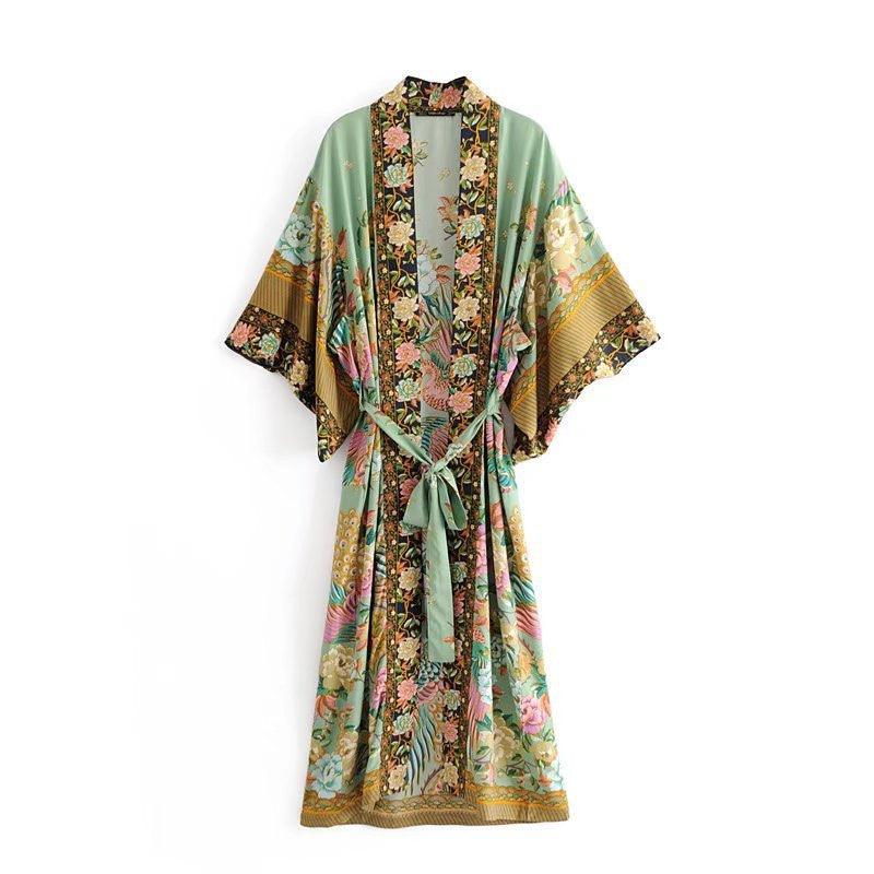 Bohemian Printed Crane Kimono Dress Robe - Amazitshop