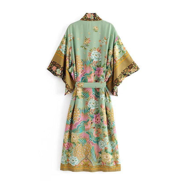 Bohemian Printed Crane Kimono Dress Robe - Amazitshop