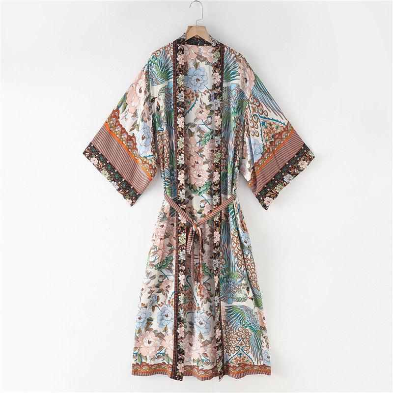 Bohemian Printed Crane Kimono Dress Robe - Amazitshop