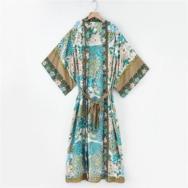 Bohemian Printed Crane Kimono Dress Robe - Amazitshop