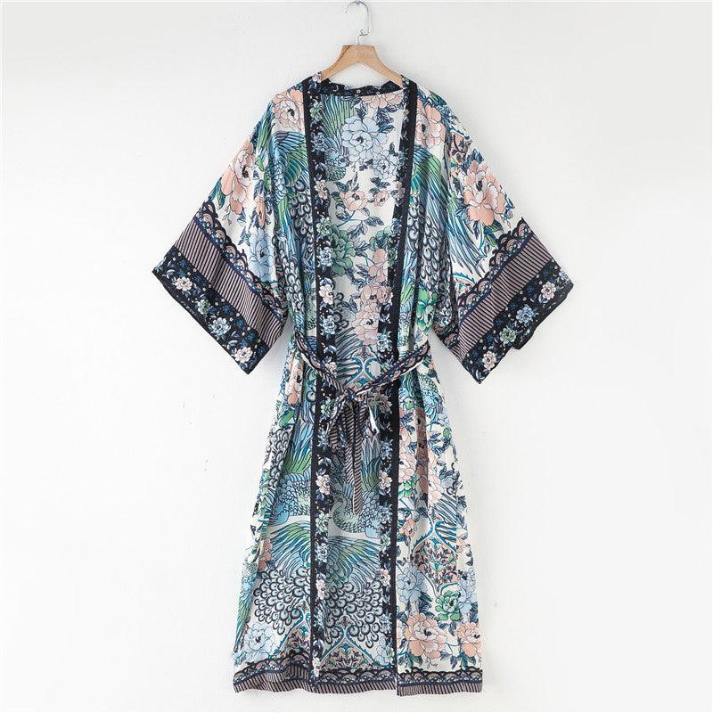 Bohemian Printed Crane Kimono Dress Robe - Amazitshop