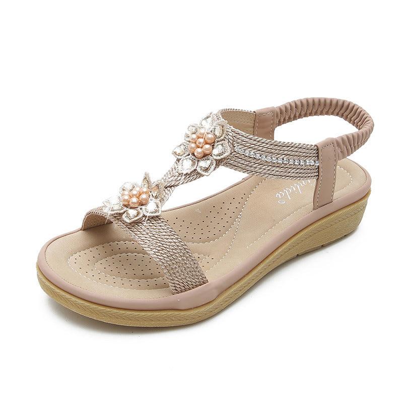 Boho Style Flat FLower Rhinestone Sandals - Amazitshop