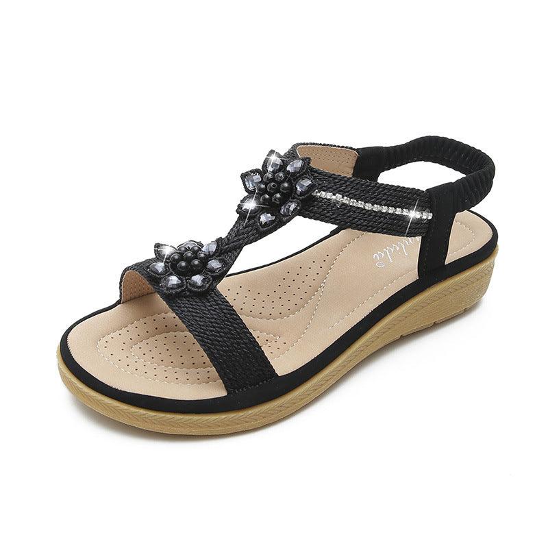 Boho Style Flat FLower Rhinestone Sandals - Amazitshop