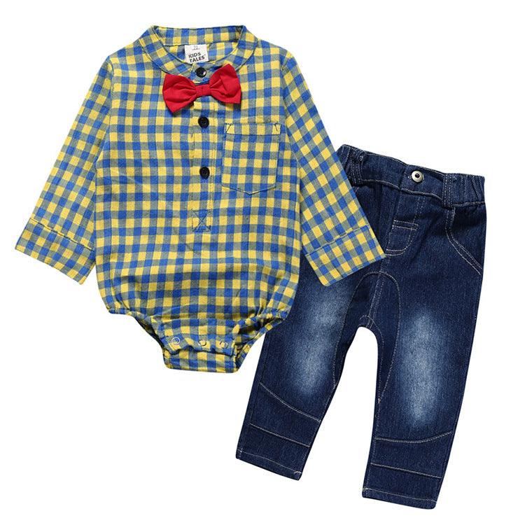 Boy Gentleman Plaid Suit Baby One - Piece Suit Bag Fart Clothes Jeans Kids Suit - Amazitshop