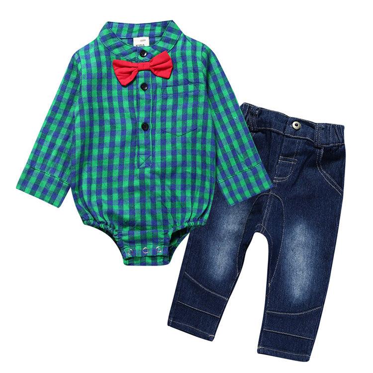 Boy Gentleman Plaid Suit Baby One - Piece Suit Bag Fart Clothes Jeans Kids Suit - Amazitshop