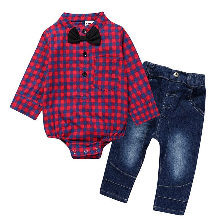 Boy Gentleman Plaid Suit Baby One - Piece Suit Bag Fart Clothes Jeans Kids Suit - Amazitshop