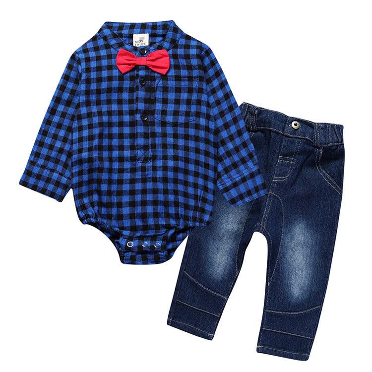 Boy Gentleman Plaid Suit Baby One - Piece Suit Bag Fart Clothes Jeans Kids Suit - Amazitshop