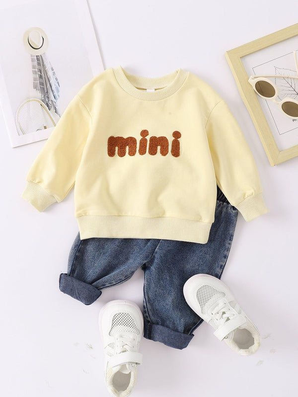 Boys And Girls Casual Letter Print Pullover Sweater Jeans Two - piece Set - Amazitshop