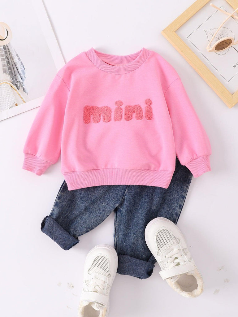 Boys And Girls Casual Letter Print Pullover Sweater Jeans Two - piece Set - Amazitshop
