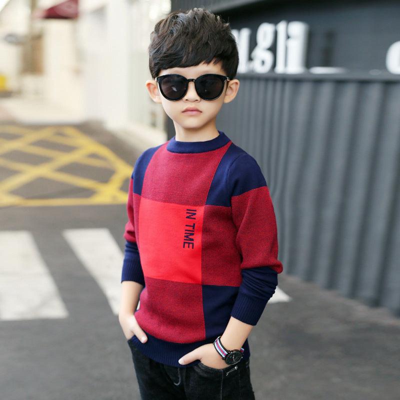 Boys' Casual Large Plaid Sweater, Medium And Large Children's Sweater - Amazitshop