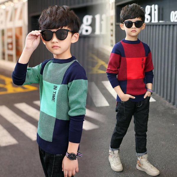 Boys' Casual Large Plaid Sweater, Medium And Large Children's Sweater - Amazitshop