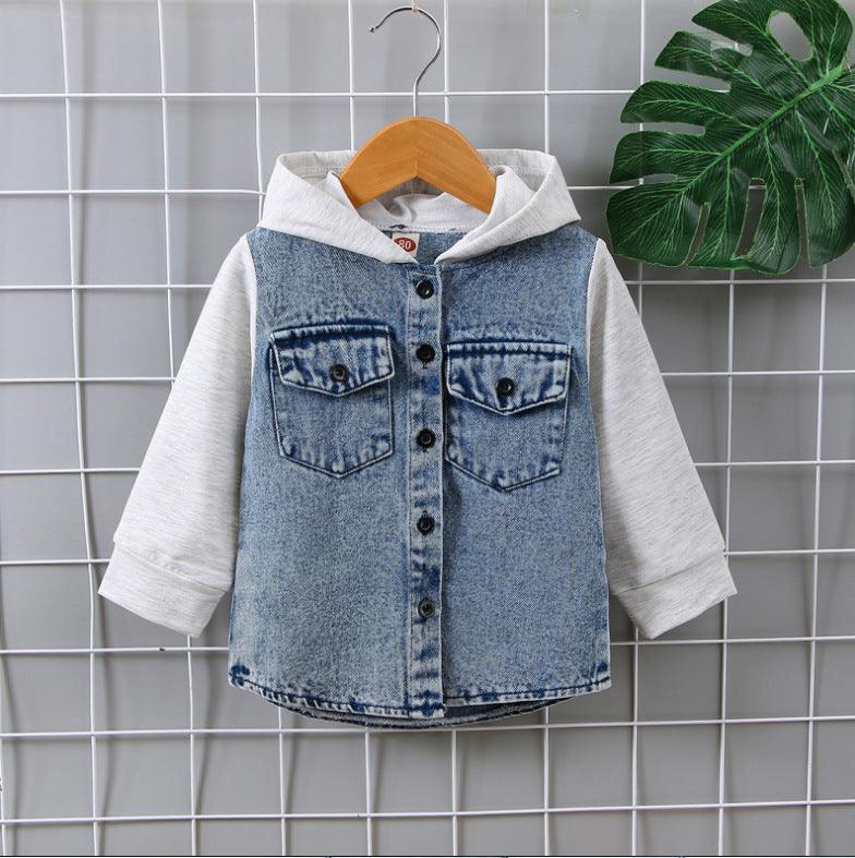 Boys' Spring And Autumn Hooded Patchwork Denim Jacket - Amazitshop