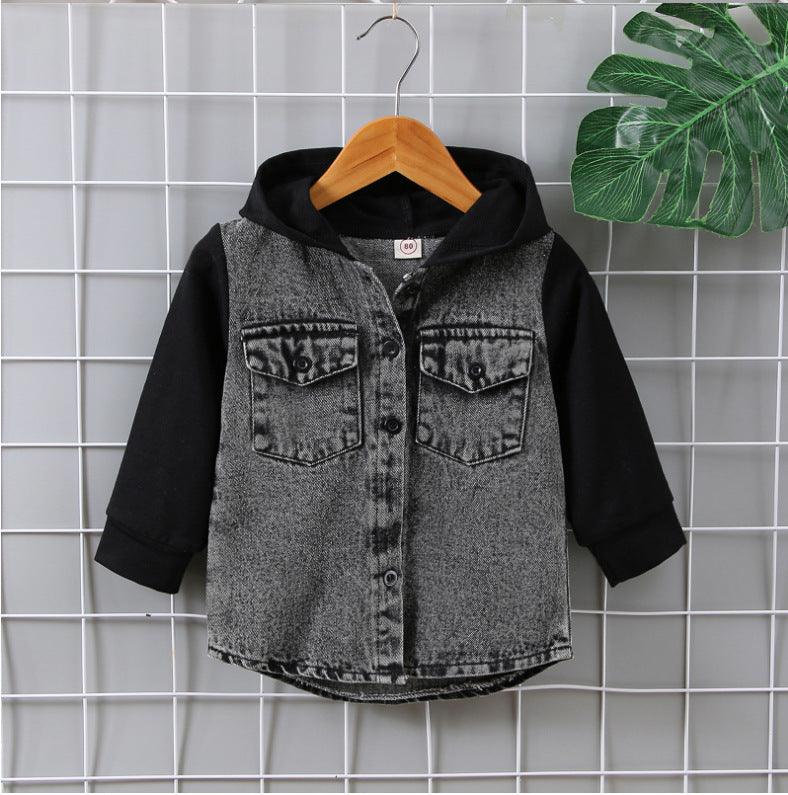Boys' Spring And Autumn Hooded Patchwork Denim Jacket - Amazitshop