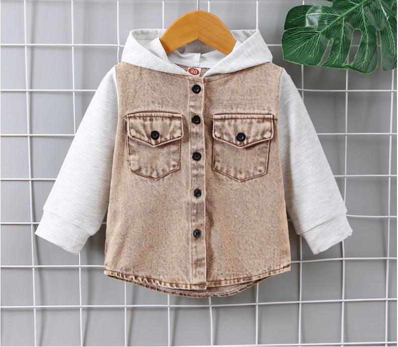 Boys' Spring And Autumn Hooded Patchwork Denim Jacket - Amazitshop