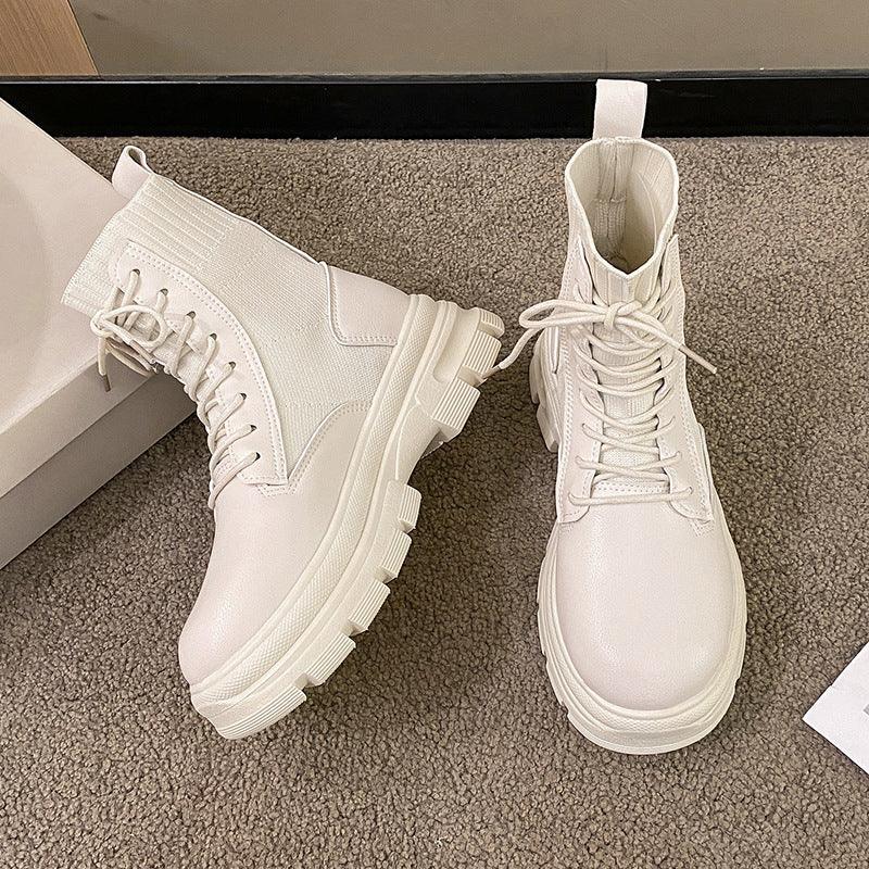 British Style Round Head Lace - up Knitted Mouth Casual Martin Boots Women - Amazitshop
