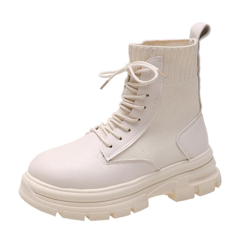 British Style Round Head Lace - up Knitted Mouth Casual Martin Boots Women - Amazitshop